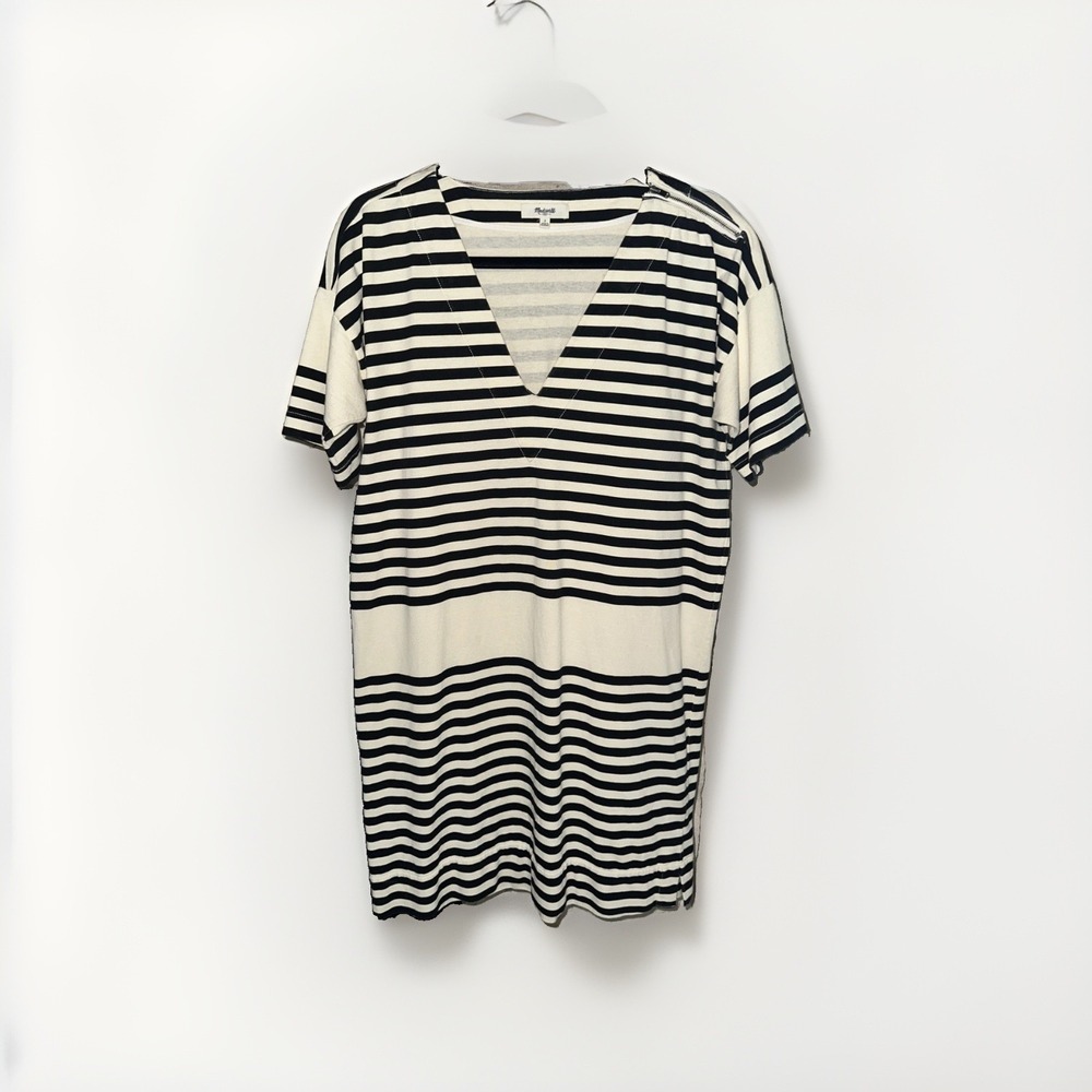 Madewell Womens Small Black Cream Striped V-Neck Short Sleeve Knit Shift Dress